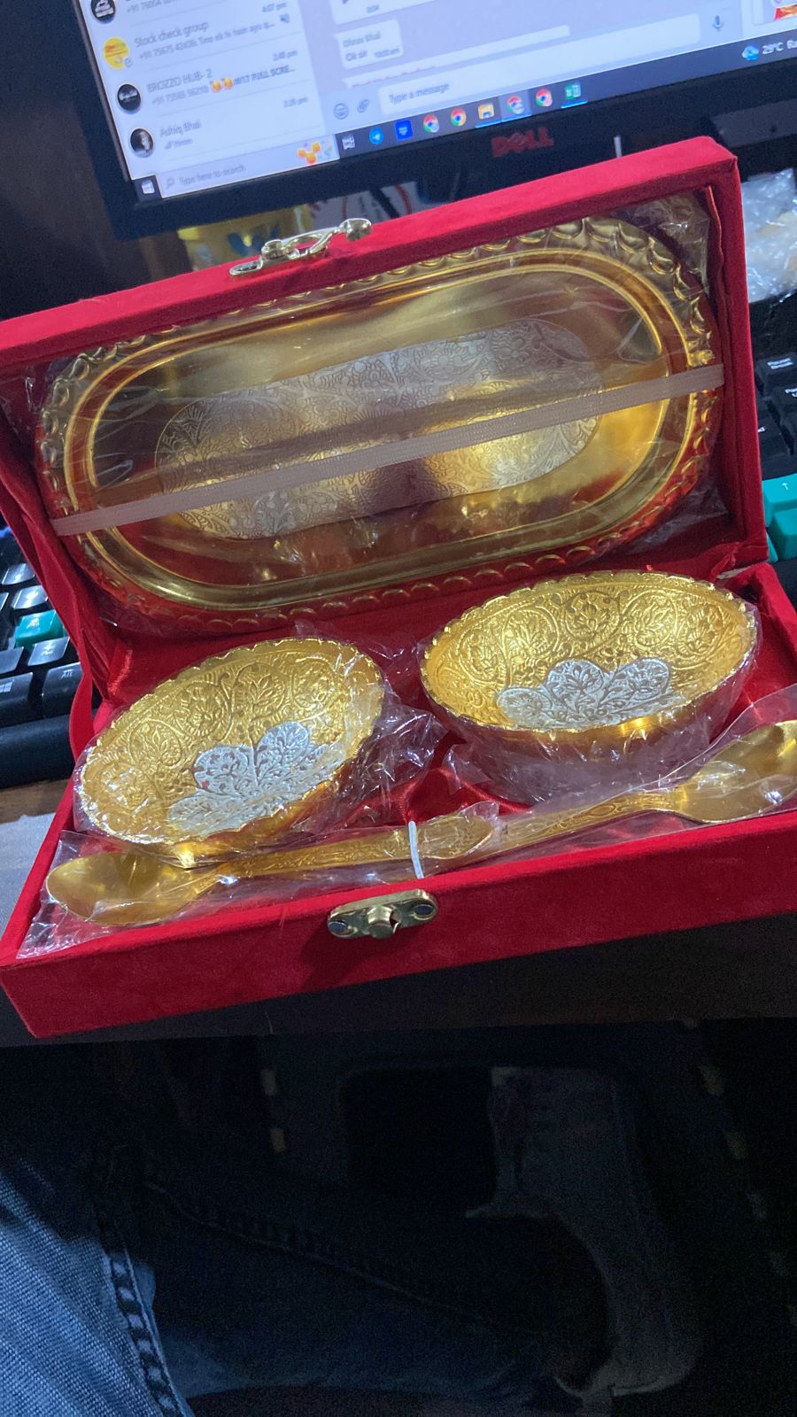 2947 Gold Silver Plated 2 Bowl 2 Spoon Tray Set Brass with Red Velvet Gift Box Serving Dry Fruits Desserts Gift DeoDap 2947 Gold Silver Plated 2 Bowl 2 Spoon Tray Set Brass with Red Velvet Gift Box Serving Dry Fruits Desserts Gift DeoDap